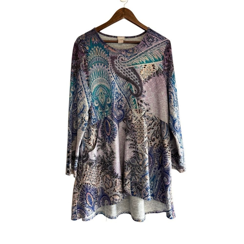 Chicos Knit Tunic Top Stretch Pockets Paisley Artsy Boho Button Cuff 2/Large